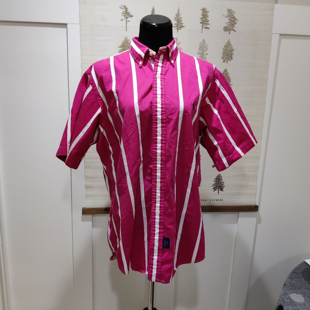 Mens Vintage Ralph Lauren Candy Stripe Short Sleeve Collar Shirt - Large